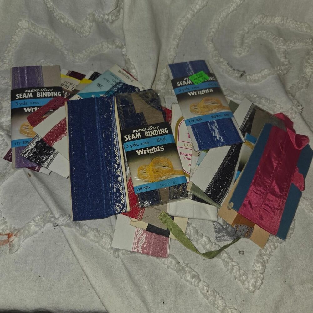 Vintage Sewing Trim Lot – 16 Packs Wrights Flexi-Lace, Seam Binding & Bias Tape
